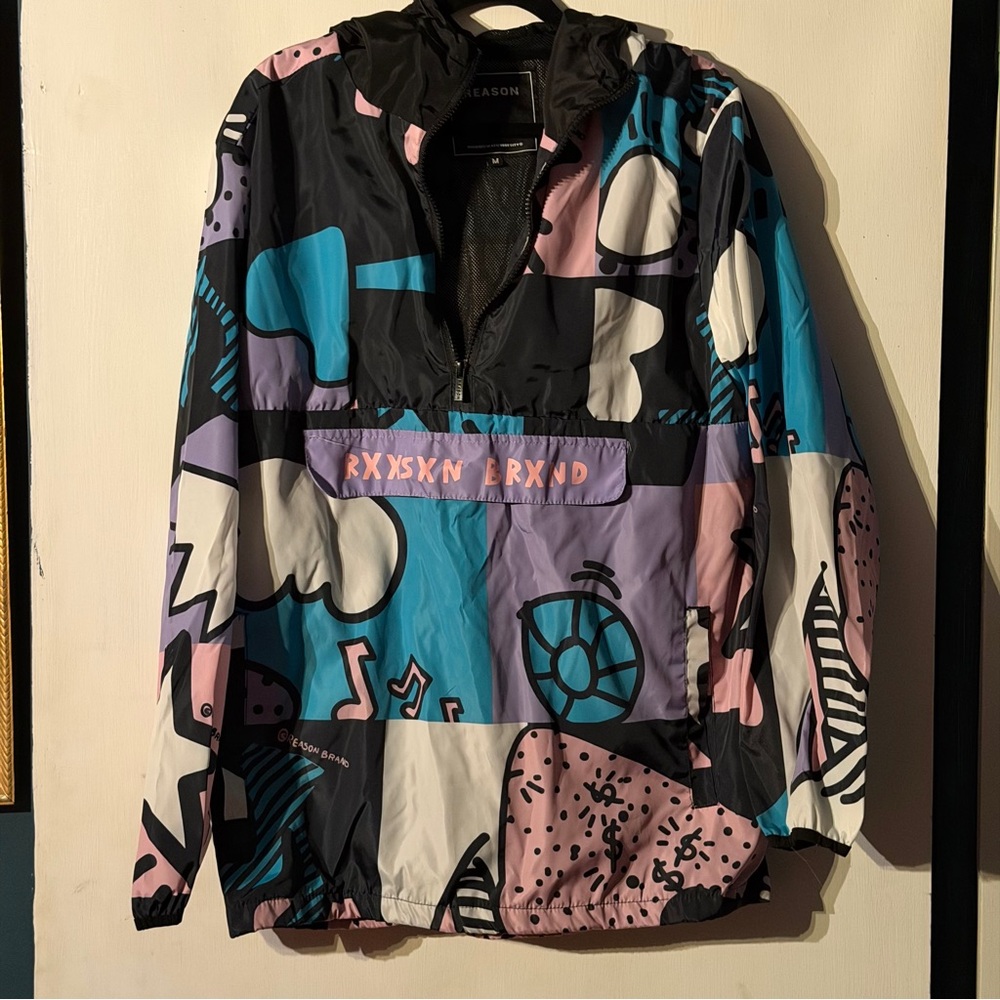 Retro Graphic Windbreaker Pullover - Pink Blue Black